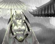 artist:juniper character:juniper_(sword_princessv3) detailed_background rain umbrella underboob_window // 3000x2408 // 1.6MB